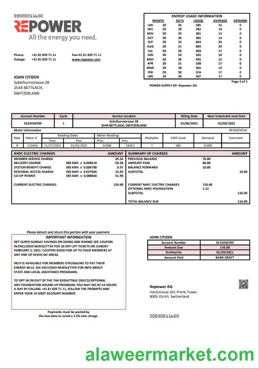 Switzerland Repower AG utility bill template, fully editable in Word and PDF format